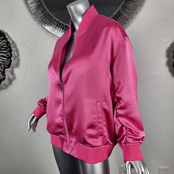 EXPRESS~SZ L~BRIGHT PINK SATIN LIKE FULL ZIP RUCHED SLEEVE BOMBER JACKET COAT - Picture 11 of 16